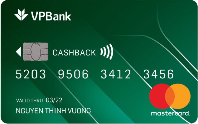 Thẻ tín dụng VPBank Cashback Mastercard có màu xanh lá cây, dòng chữ "CASHBACK" và các thông tin chi tiết của thẻ, bao gồm số thẻ, ngày hết hạn và tên chủ thẻ.