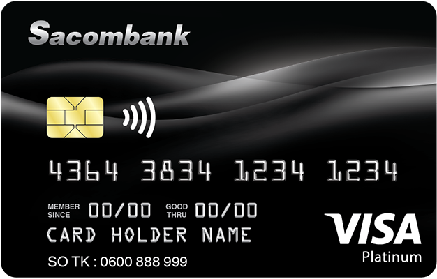 Thẻ tín dụng Sacombank Visa Platinum có màu đen và logo của Sacombank ở mặt trước, có dòng chữ "Visa Platinum" và các thông tin chi tiết của thẻ, bao gồm số thẻ, ngày hết hạn và tên chủ thẻ, là thẻ tín dụng cao cấp, cung cấp nhiều ưu đãi.