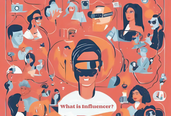 Một người ở chính giữa ảnh với dòng chữ "What is Influencer?", xung quanh là rất nhiều người khác có cả nam lẫn nữ.