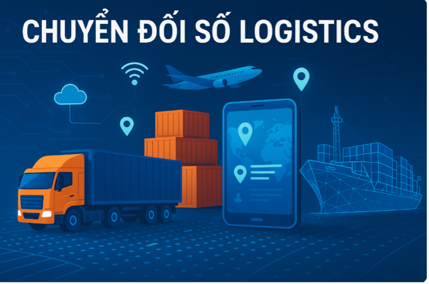 Hình minh họa kỹ thuật số về chuyển đổi số logistics tại Việt Nam, với xe container, tàu biển, máy bay, thiết bị IoT và bản đồ định vị.