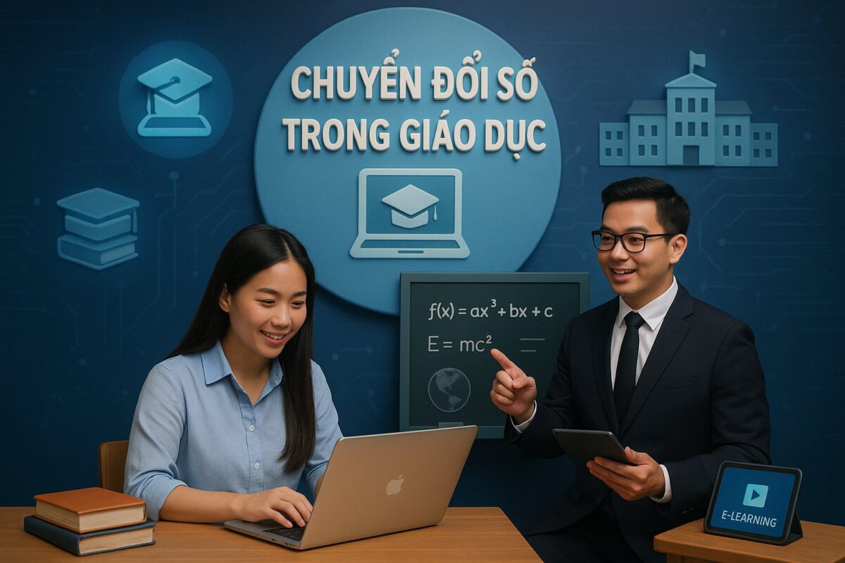 Minh họa lớp học số với giáo viên và học sinh sử dụng công nghệ hiện đại trong công cuộc chuyển đổi số trong giáo dục.