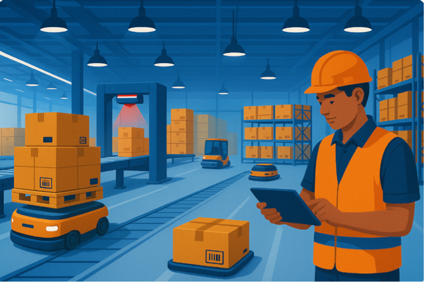 Kho hàng tự động hiện đại tại Việt Nam, có robot di chuyển pallet, băng chuyền với máy quét mã vạch, kỹ thuật viên đang giám sát bằng máy tính bảng