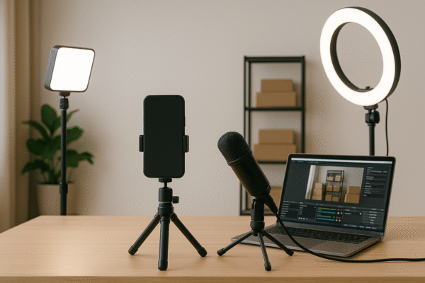 Thiết lập studio mini livestream tại nhà với điện thoại, micro, laptop và đèn chiếu sáng