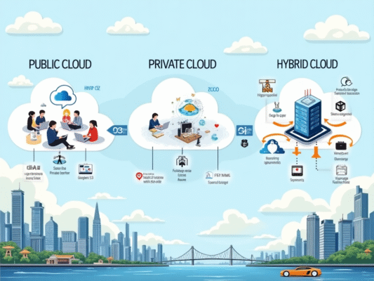 So sánh ba mô hình điện toán đám mây: Public, Private, và Hybrid Cloud.