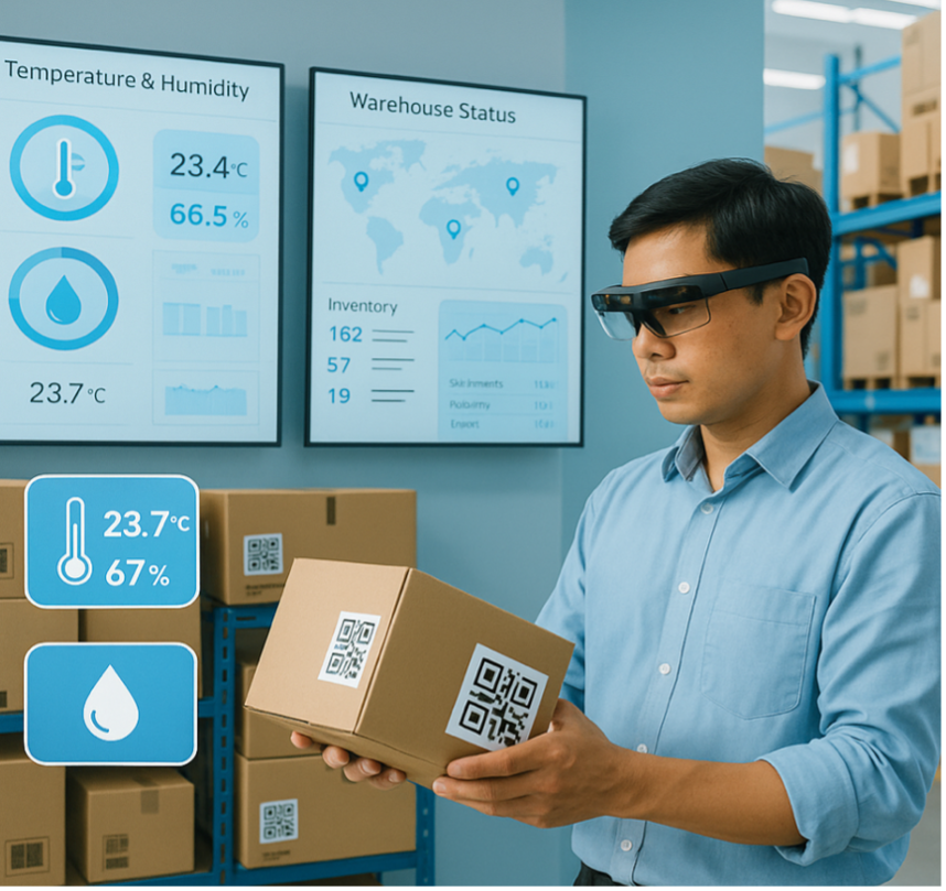 Sử dụng kính thực tế tăng cường (AR) kiểm tra hộp hàng có mã QR trong kho thông minh tích hợp IoT. Màn hình phía sau hiển thị dữ liệu theo dõi thời gian thực như nhiệt độ, độ ẩm và trạng thái tồn kho.