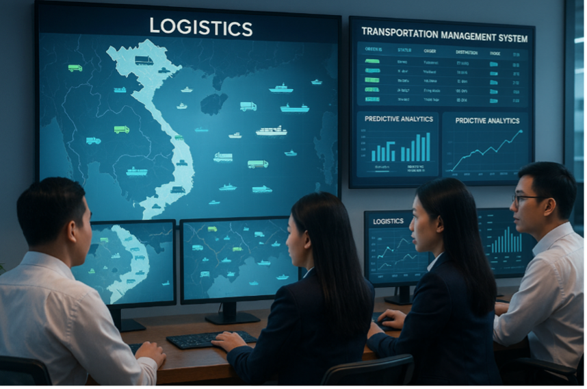 Trung tâm điều hành logistics tại Việt Nam với các nhà quản lý đang theo dõi phần mềm quản lý vận tải (TMS) trên nhiều màn hình lớn, hiển thị bản đồ số có biểu tượng xe tải và tàu thuyền di chuyển, cùng các biểu đồ phân tích dự đoán.