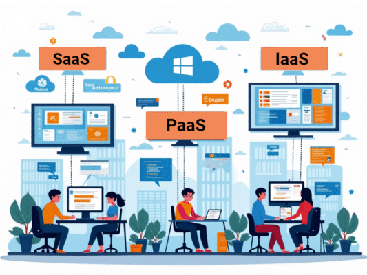 Nhân viên làm việc với mô hình dịch vụ đám mây SaaS, PaaS, và IaaS trong văn phòng hiện đại.