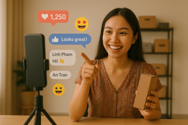Người bán hàng online đang livestream và tương tác vui vẻ với người xem qua điện thoại.