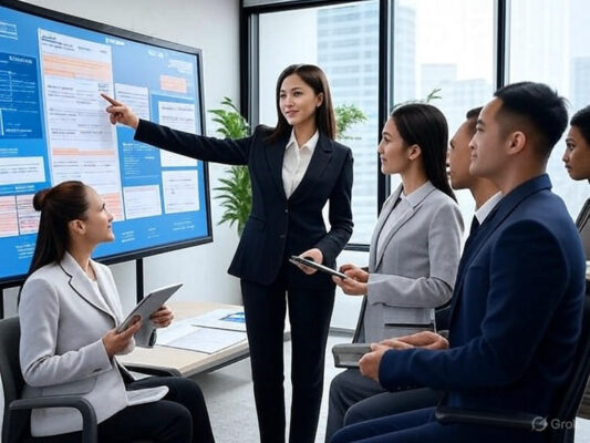 Nữ trưởng nhóm phân công nhiệm vụ trên bảng Kanban kỹ thuật số trong văn phòng hiện đại và nhóm lắng nghe chăm chú.