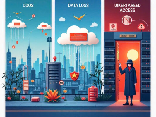 Minh họa các rủi ro bảo mật đám mây: DDoS, mất dữ liệu, và truy cập trái phép.
