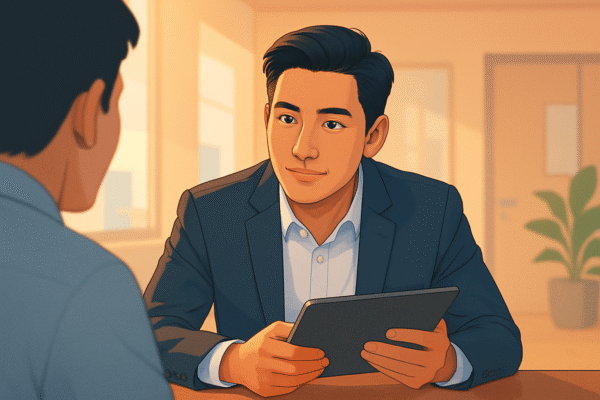 Hình bán hiện thực về một nhà quản lý trẻ người Việt đang lắng nghe chăm chú trong cuộc họp, ánh mắt tập trung, gật đầu nhẹ, tay cầm máy tính bảng trong không gian văn phòng hiện đại, ánh sáng ấm áp.