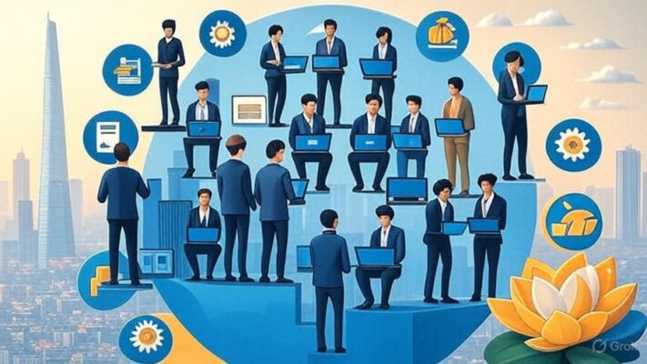 Biểu tượng phẳng mô tả nhóm người cách điệu hợp tác với laptop và bánh răng, trên nền đường chân trời TP. Hồ Chí Minh và hoa sen, thể hiện kỹ năng làm việc nhóm.