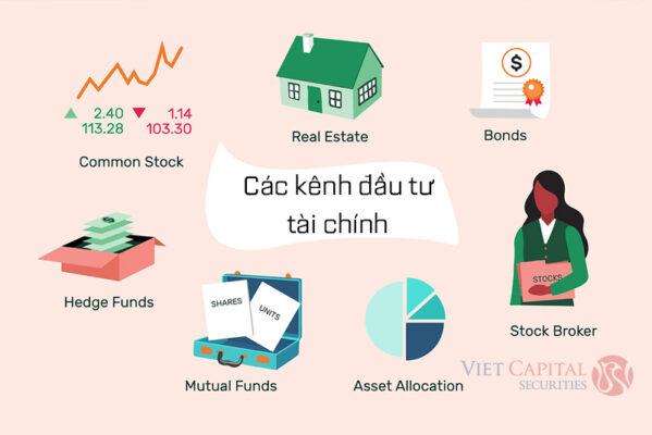Hình minh họa trên nền hồng nhạt với dòng chữ 'Các kênh đầu tư tài chính' ở trung tâm. Các biểu tượng bao gồm biểu đồ cổ phiếu (Common Stock) với giá 113.28 - 114, bất động sản (Real Estate) với hình ngôi nhà, trái phiếu (Bonds) với giấy chứng nhận, quỹ đầu cơ (Hedge Funds) với vali tiền, quỹ tương hỗ (Mutual Funds) với tài liệu, phân bổ tài sản (Asset Allocation) với biểu đồ tròn, và nhà môi giới chứng khoán (Stock Broker) với người cầm tài liệu. Logo Viet Capital Securities ở góc dưới cùng bên phải.