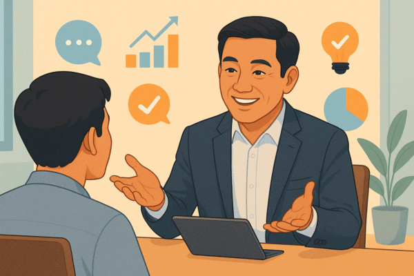 Minh họa kiểu vector phẳng về một lãnh đạo người Việt đang đưa ra phản hồi tích cực cho nhân viên, nét mặt thân thiện, cử chỉ cởi mở, không gian văn phòng hiện đại với biểu tượng infographic thể hiện sự tiến bộ và hợp tác.