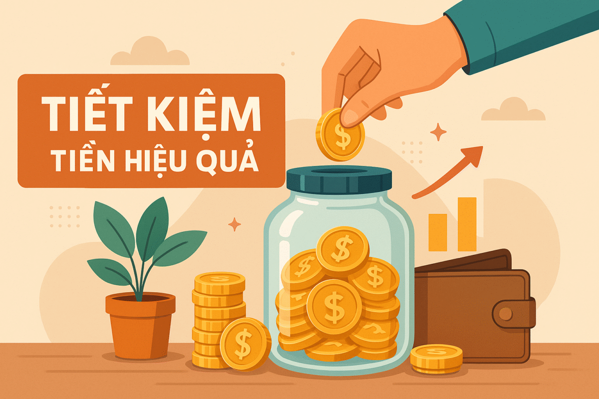 Bức ảnh minh họa một bàn tay đang bỏ đồng xu vào lọ thủy tinh đầy tiền vàng, bên cạnh là ví da, cây xanh và biểu đồ tăng trưởng. Dòng chữ "Tiết kiệm tiền hiệu quả" nổi bật phía bên trái, thể hiện thông điệp về quản lý tài chính cá nhân.