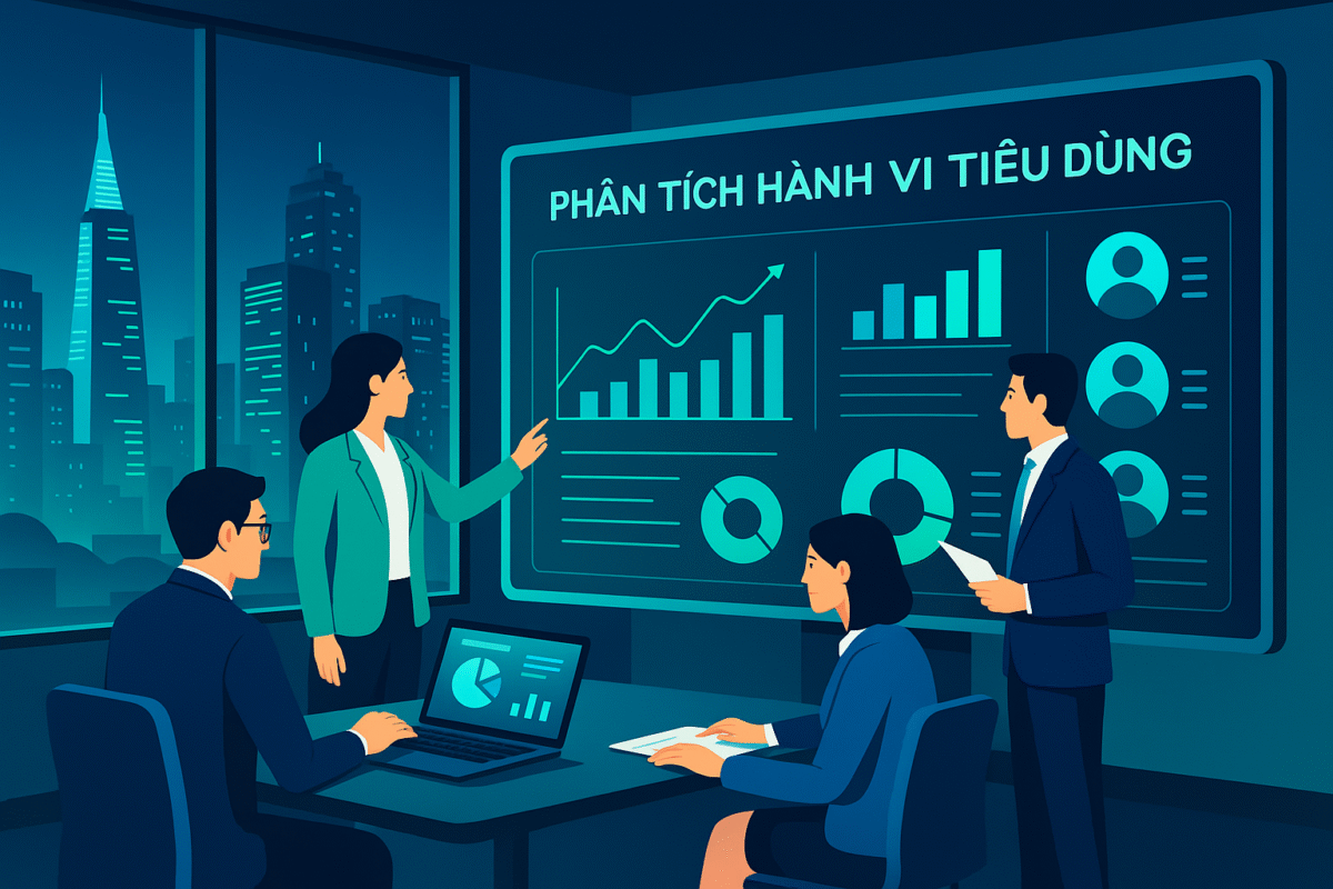 ba chuyên gia người Việt đang phân tích hành vi tiêu dùng trong văn phòng hiện đại. Họ đứng trước một màn hình lớn hiển thị biểu đồ dữ liệu, hồ sơ người dùng và các chỉ số tương tác. Phía sau là khung cửa kính nhìn ra thành phố tương lai với các tòa nhà cao tầng rực sáng trong tông màu xanh lam và xanh lục.