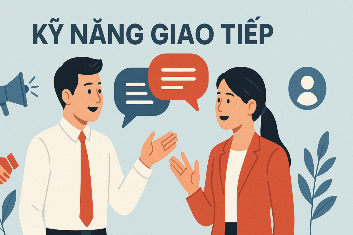 Hai doanh nhân người Việt Nam đang thảo luận với nhau, thể hiện kỹ năng giao tiếp chuyên nghiệp năm 2025