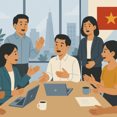Sáu nhân viên văn phòng đang ngồi tham gia xây dựng ý kiến sôi nổi trong cuộc họp