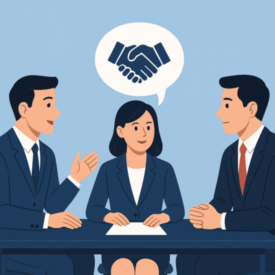 Ba doanh nhân trong cuộc trò chuyện và trao đổi. Biểu tượng hai bàn tay bắt nhau thể hiện cho sự hợp tác và thỏa thuận