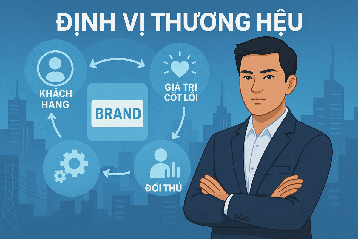 Hình ảnh minh họa định vị thương hiệu năm 2025 với nam doanh nhân Việt Nam và biểu tượng nhận diện thương hiệu hiện đại.