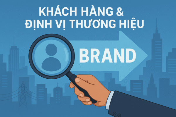 Ảnh có một bàn tay cầm kính lúp đang phóng to biểu tượng người dùng, phía sau là mũi tên lớn ghi chữ “BRAND” và nền là thành phố hiện đại