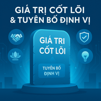 Hình ảnh thể hiện một tấm bảng phát sáng khắc dòng chữ “Giá trị cốt lõi” và “Tuyên bố định vị”, được bao quanh bởi các biểu tượng đại diện cho niềm tin, đổi mới, văn hóa và sự đáng tin cậy.