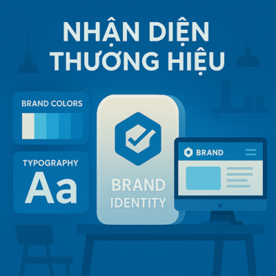 Hình minh họa hệ thống nhận diện thương hiệu gồm logo, màu sắc, kiểu chữ, danh thiếp và giao diện website