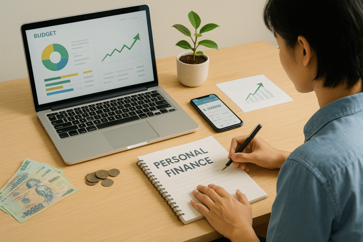 Người trẻ Việt đang lập chiến lược tài chính cá nhân tại bàn làm việc với sổ tay, máy tính và tiền Việt Nam.