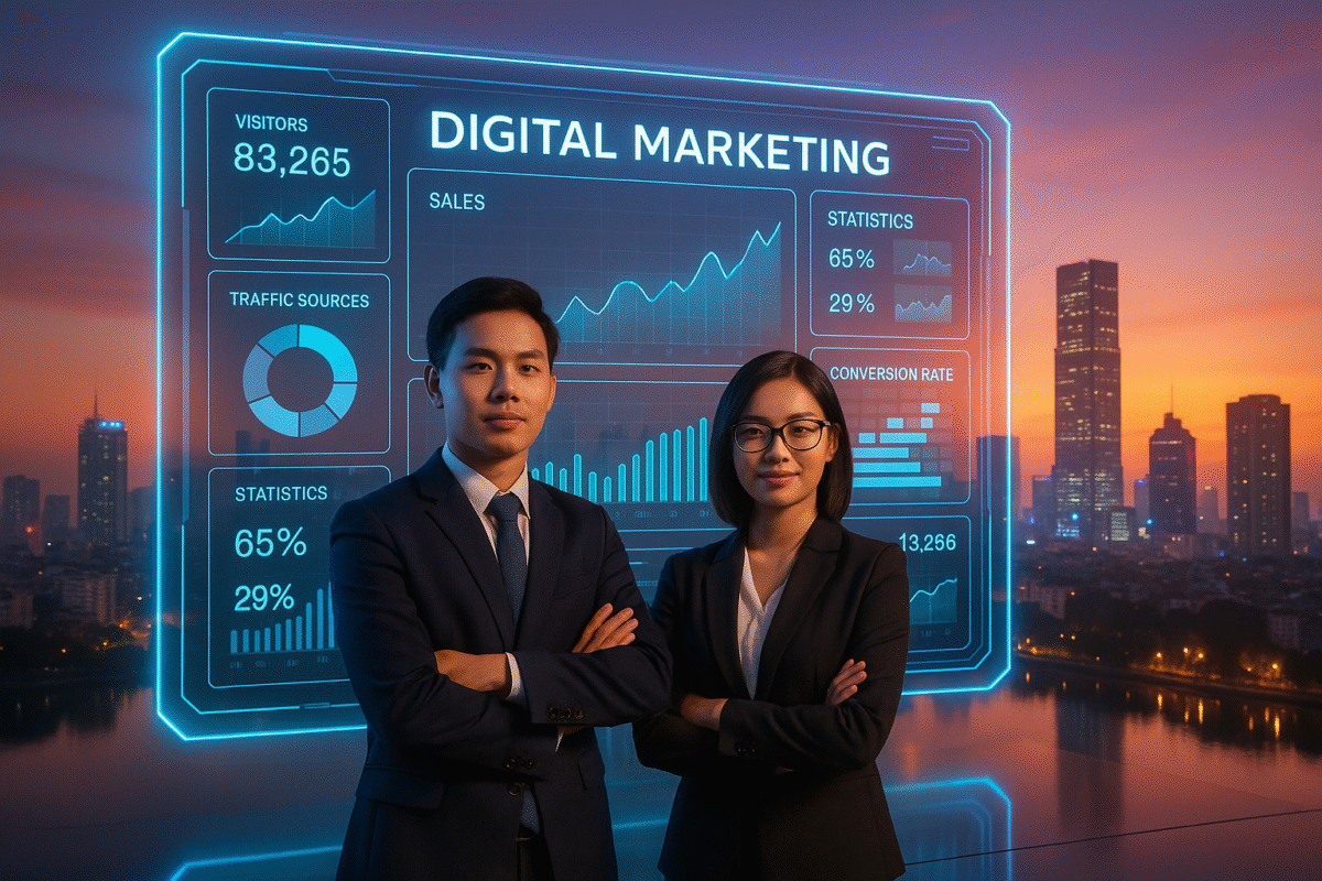 Hai chuyên gia trẻ người Việt trong trang phục công sở đứng trước màn hình kỹ thuật số hiển thị số liệu về digital marketing như lượng truy cập, tỷ lệ chuyển đổi và nguồn lưu lượng, với phông nền là đường chân trời thành phố hiện đại lúc hoàng hôn.