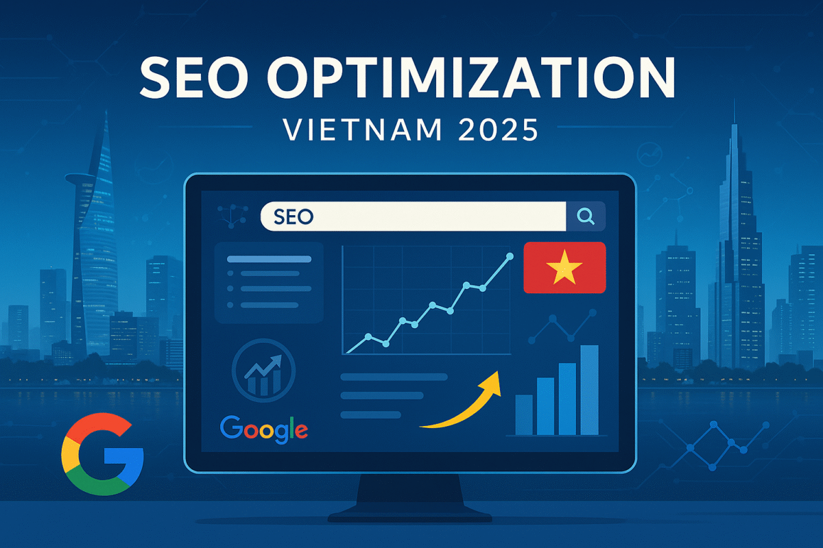 SEO Optimization tại Việt Nam 2025 với biểu đồ tăng trưởng và biểu tượng Google hiển thị trên máy tính, nền là khung cảnh thành phố hiện đại.