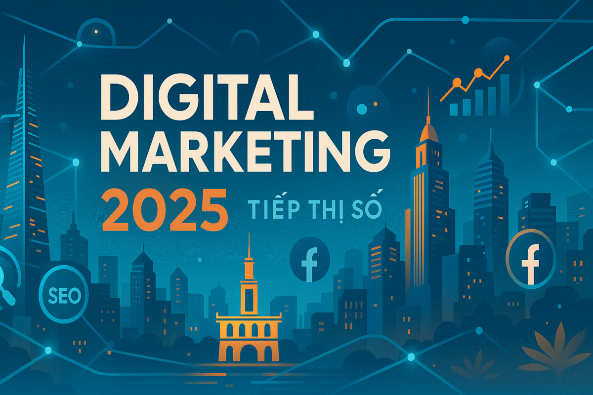 Minh họa Digital Marketing 2025 với cảnh nền thành phố số, đường nối dữ liệu, biểu tượng SEO và Facebook, cùng biểu đồ tăng trưởng.