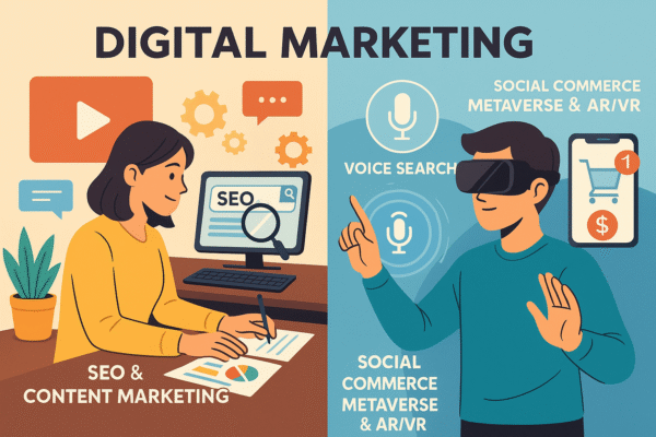 Minh họa hai nhân vật: một người thực hiện SEO & content marketing, người kia đeo kính VR khám phá social commerce và metaverse.