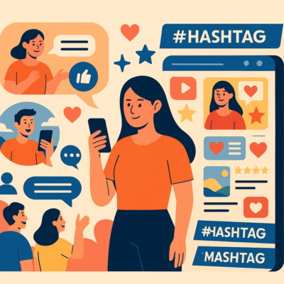 Người dùng cầm smartphone tương tác mạng xã hội với các biểu tượng hashtag, like và bình luận xung quanh.