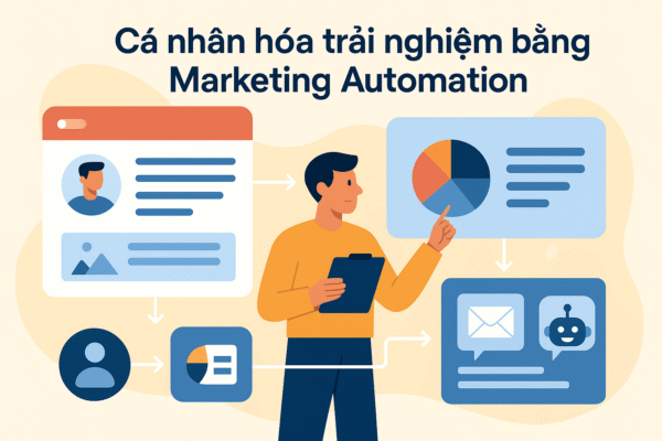 Người cầm biểu mẫu và biểu đồ, xung quanh là các icon email, chatbot và phân tích dữ liệu thể hiện cá nhân hóa trải nghiệm qua marketing automation.