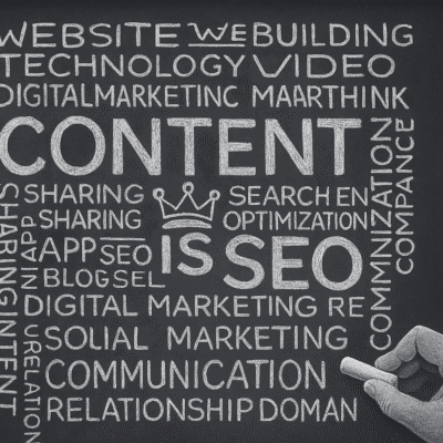 Bảng đen với cụm ‘CONTENT IS KING’ và đám mây từ khóa liên quan đến digital marketing được viết bằng phấn.