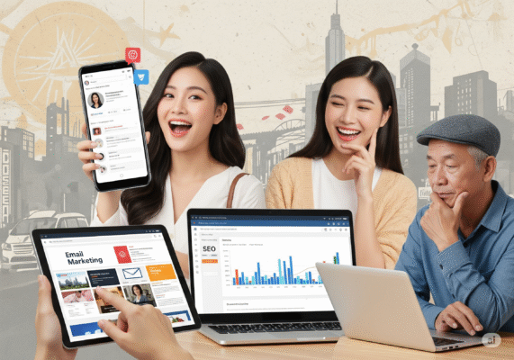 Hình ảnh người dùng ở nhiều lứa tuổi khác nhau sử dụng các phương tiện truyền thông số. Máy tính xách tay có phân tích SEO và điện thoại có hình tiếp thị qua email