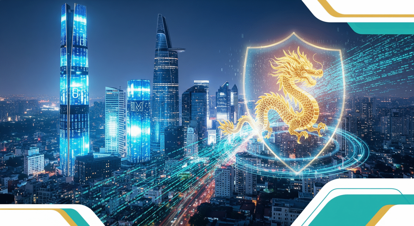 Hình ảnh mang tính biểu tượng về chính sách chuyển đổi số an toàn tại Việt Nam năm 2025, thể hiện sự kết hợp hài hòa giữa kiến trúc đô thị hiện đại và các yếu tố văn hóa truyền thống Việt Nam như hoa sen, cùng các biểu tượng công nghệ bảo mật như lá chắn và luồng dữ liệu được mã hóa, truyền tải thông điệp về một tương lai số an toàn và đáng tin cậy.