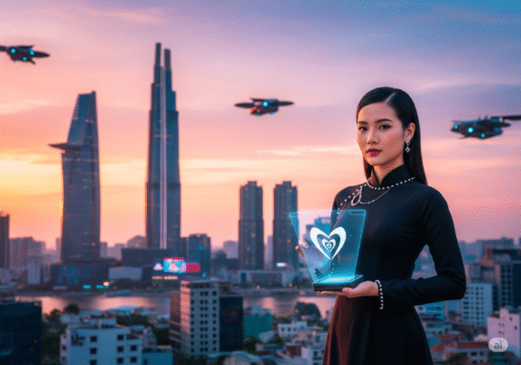 Phụ nữ Việt Nam trẻ trung, sành điệu trong áo dài cách tân, cầm thiết bị holographic hiển thị logo thương hiệu cá nhân trước khung cảnh TP.HCM tương lai 2025, tượng trưng cho sự phát triển thương hiệu.