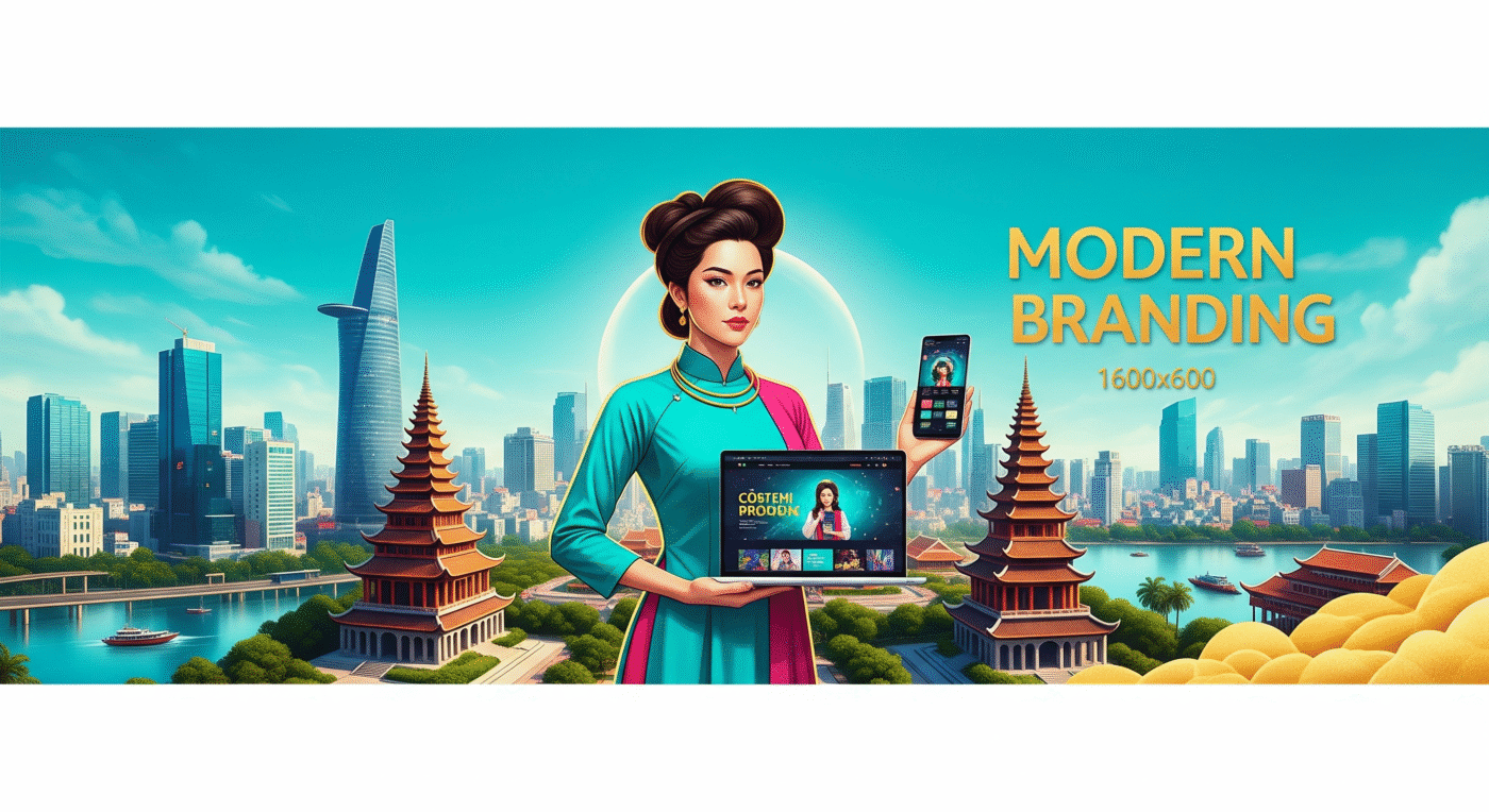 Banner hiện đại với dòng chữ 'MODERN BRANDING' nổi bật trên nền trời xanh và hình ảnh cô gái Á Đông duyên dáng trong trang phục cách tân, tay cầm laptop và điện thoại hiển thị nội dung thương hiệu cá nhân, phía sau là sự kết hợp giữa kiến trúc truyền thống Việt Nam và các tòa nhà cao tầng hiện đại, tượng trưng cho sự phát triển thương hiệu cá nhân trong bối cảnh Việt Nam 2025.