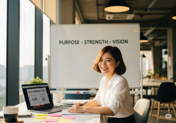 Người phụ nữ Việt Nam đang ngồi làm việc tại văn phòng trước màn hình máy tính có các nội dung đánh giá bản thân, có bảng trắng ghi các từ “Purpose – Strength – Vision” đằng sau.