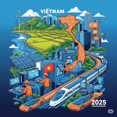 Việt Nam 2025: Nền kinh tế năng động kết hợp công nghệ hiện đại, đô thị phát triển và nông nghiệp bền vững.