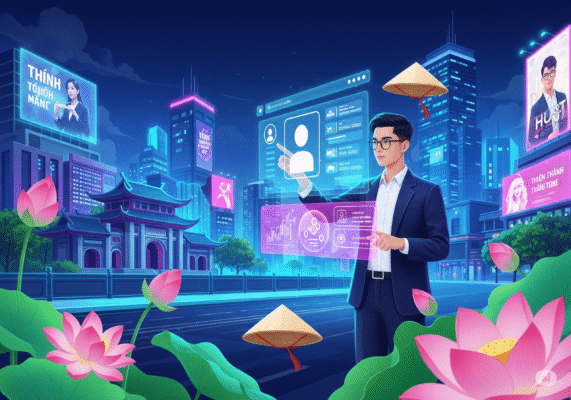 Hình ảnh một doanh nhân trẻ Việt Nam sử dụng giao diện để xây dựng thương hiệu cá nhân trực tuyến, với các yếu tố văn hóa Việt Nam kết hợp công nghệ hiện đại, thể hiện xu hướng xây dựng thương hiệu cá nhân năm 2025