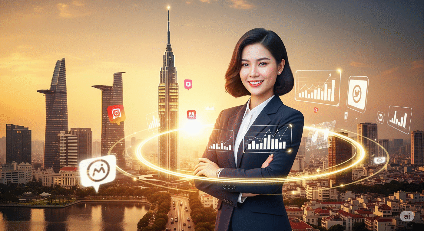 Doanh nhân trẻ Việt Nam đứng trước phong cảnh thành phố hiện đại với biểu tượng số và mạng xã hội xoay quanh, thể hiện thương hiệu cá nhân thời đại số.
