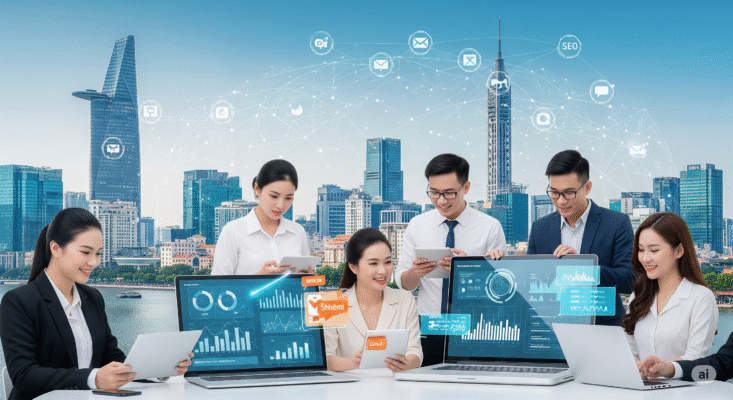 Bối cảnh có cảnh quan thành phố năng động của Thành phố Hồ Chí Minh với những tòa nhà chọc trời. Ở chính giữa, các nhân viên đang phân tích digital marketing thông qua những thiết bị hiện đại có biểu tượng SEO và biểu đồ