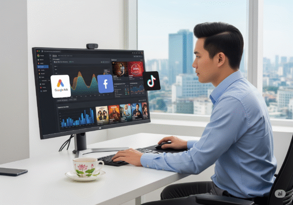 Một marketer đang phân tích quảng cáo trực tiếp trên màn hình thông qua những ứng dụng như Facebook, Tiktok