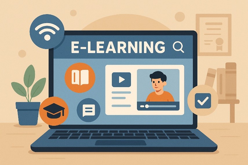 Giao diện nền tảng e-learning hiện đại với các khóa học, video bài giảng và tài nguyên số trực tuyến.
