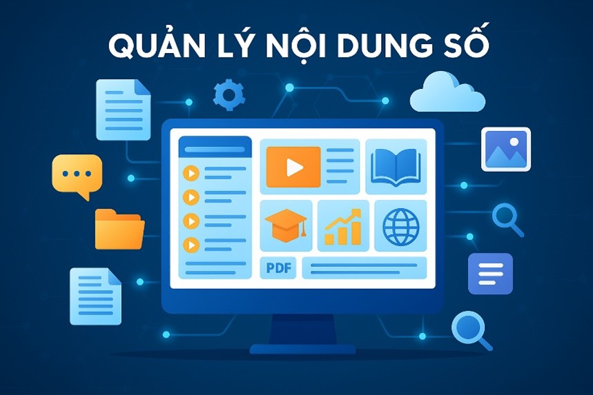 Hệ thống quản lý nội dung số cho giáo dục với các biểu tượng bài giảng, tài liệu, phân tích dữ liệu học tập.