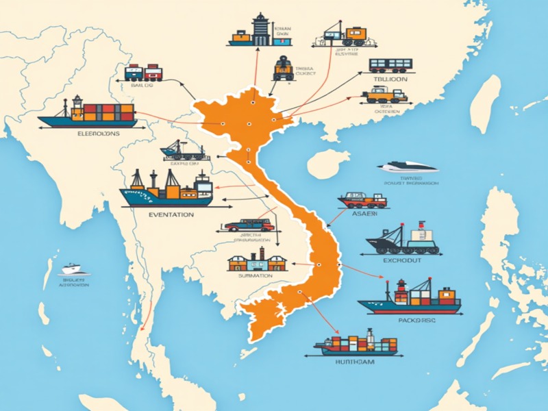 Bản đồ minh họa mạng lưới chuỗi cung ứng toàn cầu tại Việt Nam, với các biểu tượng cảng biển, tàu container, xe tải và các tuyến vận chuyển kết nối các trung tâm logistics lớn trong khu vực Đông Nam Á.