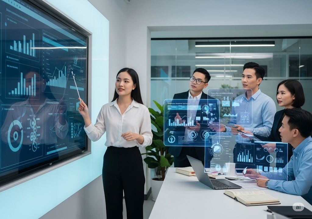 Nữ chuyên gia trình bày dữ liệu Content Marketing trên màn hình lớn cho đồng nghiệp.