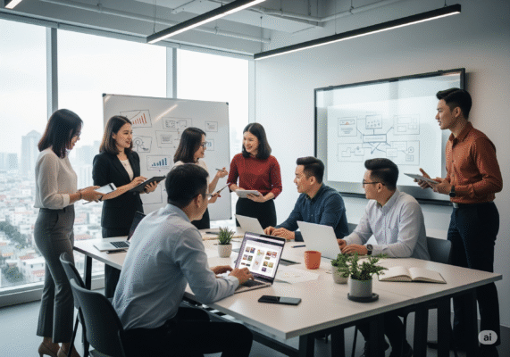 Nhóm Content Marketing họp bàn và thảo luận chiến lược trong văn phòng hiện đại
